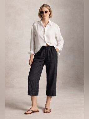 DKNY Pure Black 100% Linen Wide Leg Capri Pants Luxury Lagenlock Relaxed XL